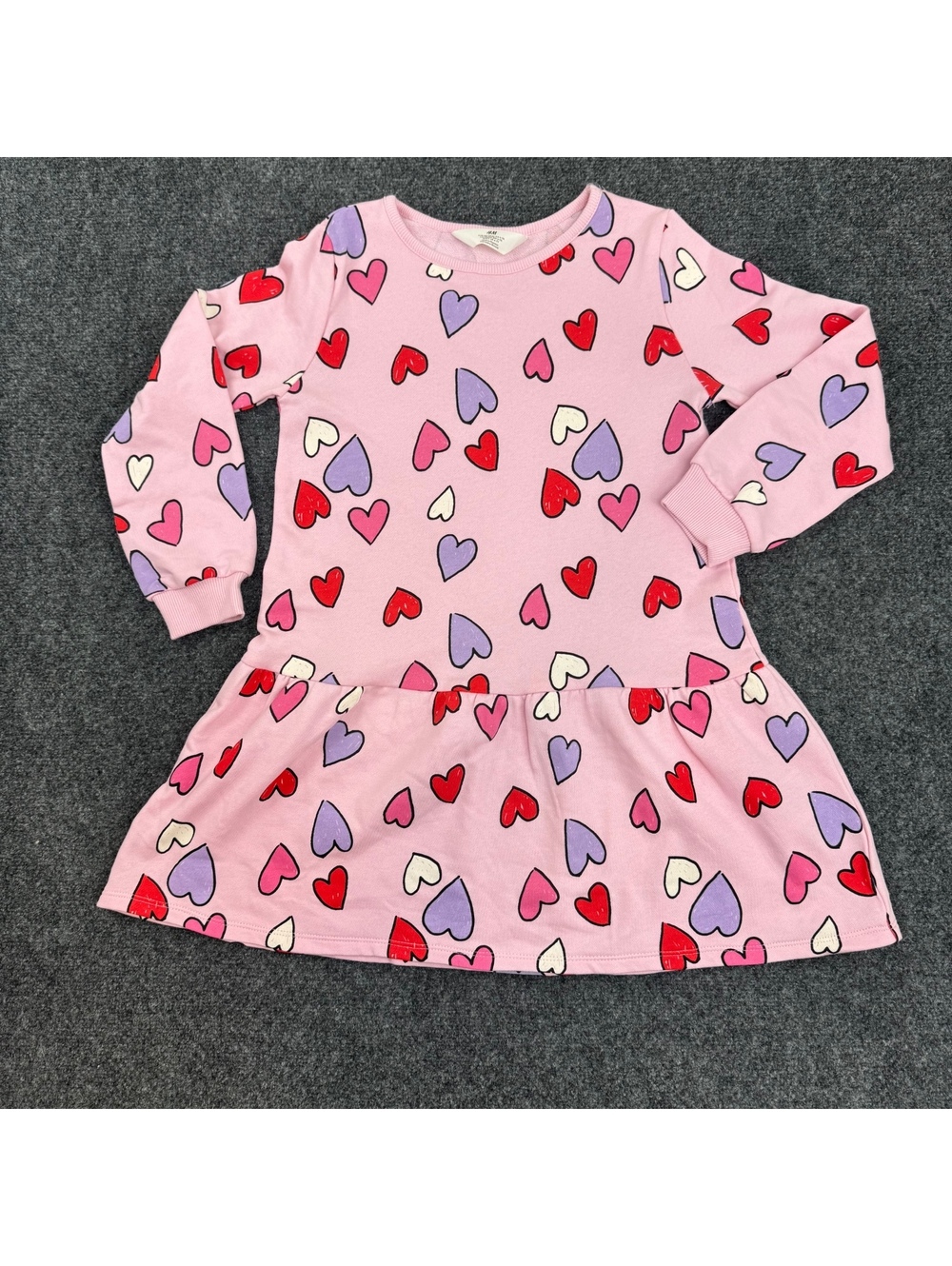 H&M Girls 6X Pink Heart Print Sweatshirt Dress Cozy Warm